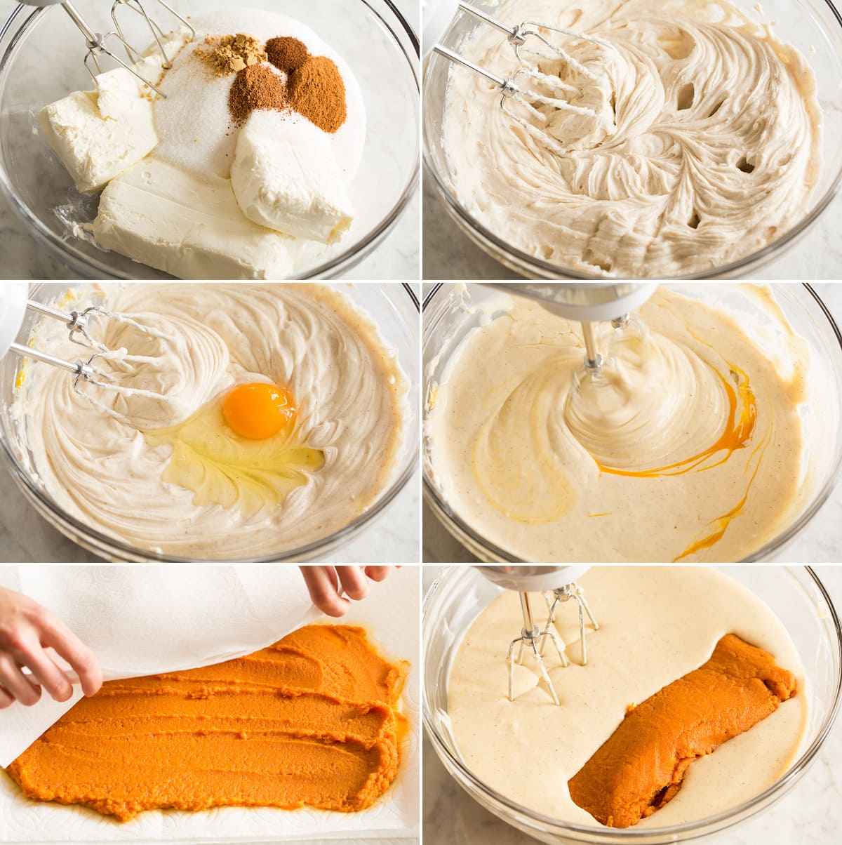 Collage of six images showing steps to preparing pumpkin cheesecake batter in a mixing bowl.