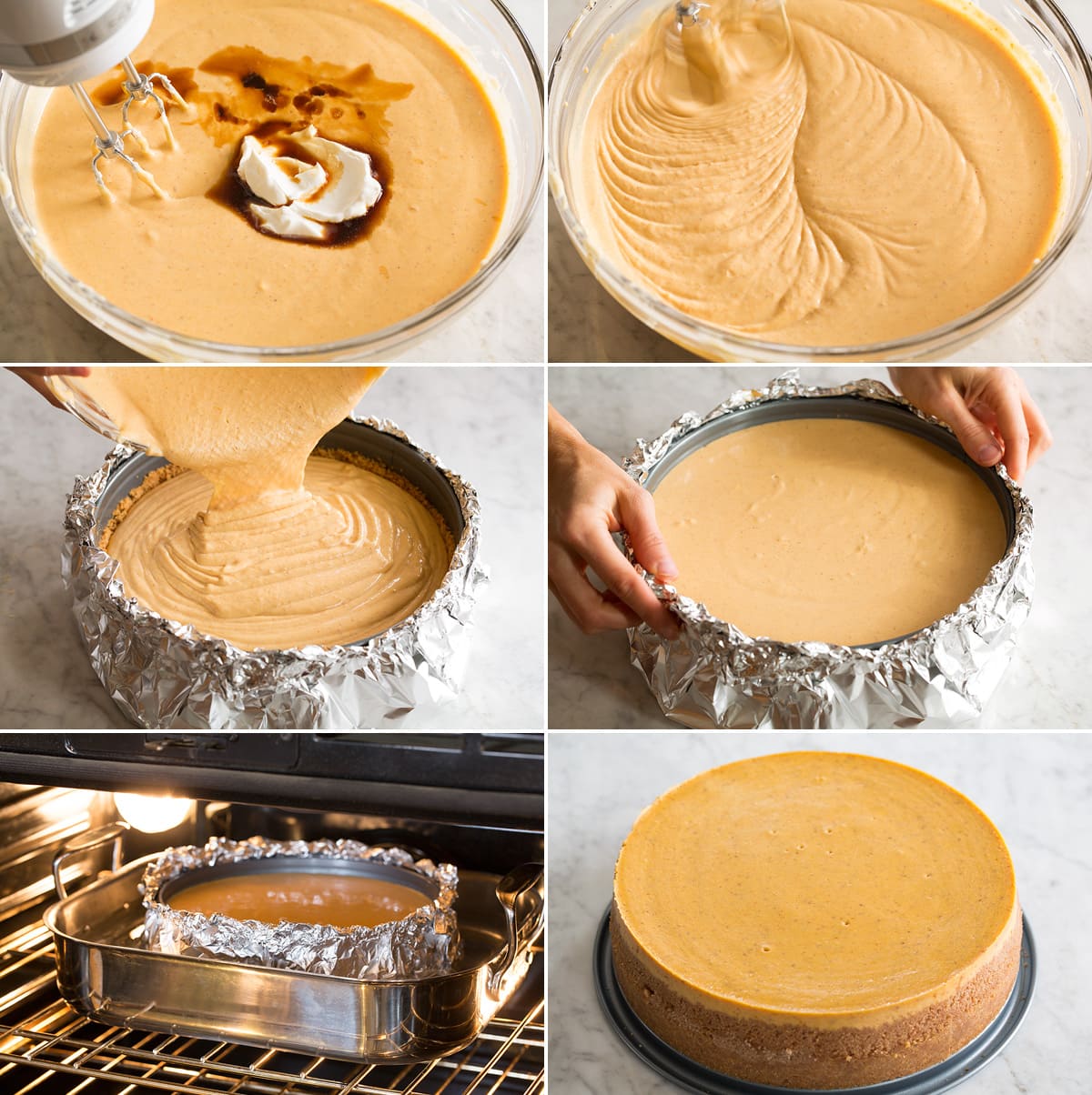 Collage of six images finishing pumpkin cheesecake batter, pouring into springform pan and then baking in a water bath.