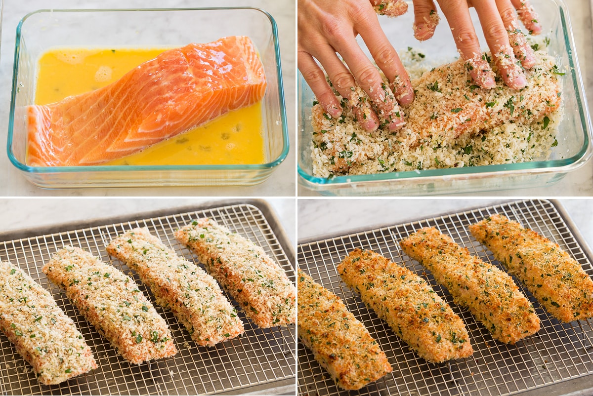 Collage of four images showing how to coat salmon with egg and breading then shows salmon on wire rack on baking sheet before and after baking.