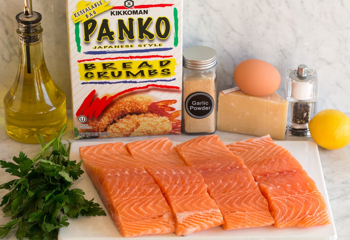Image of ingredients used to make baked salmon with parmesan and panko.