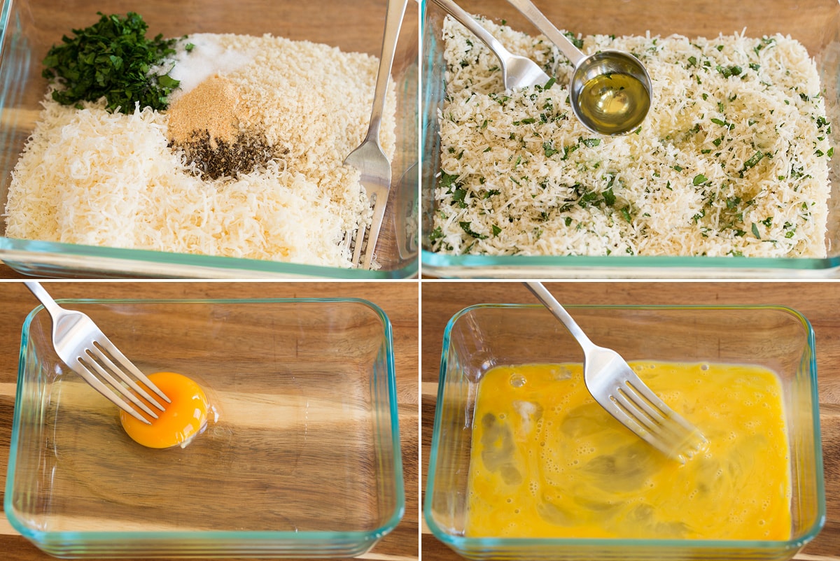 Collage of four images showing steps to preparing breading for baked salmon.