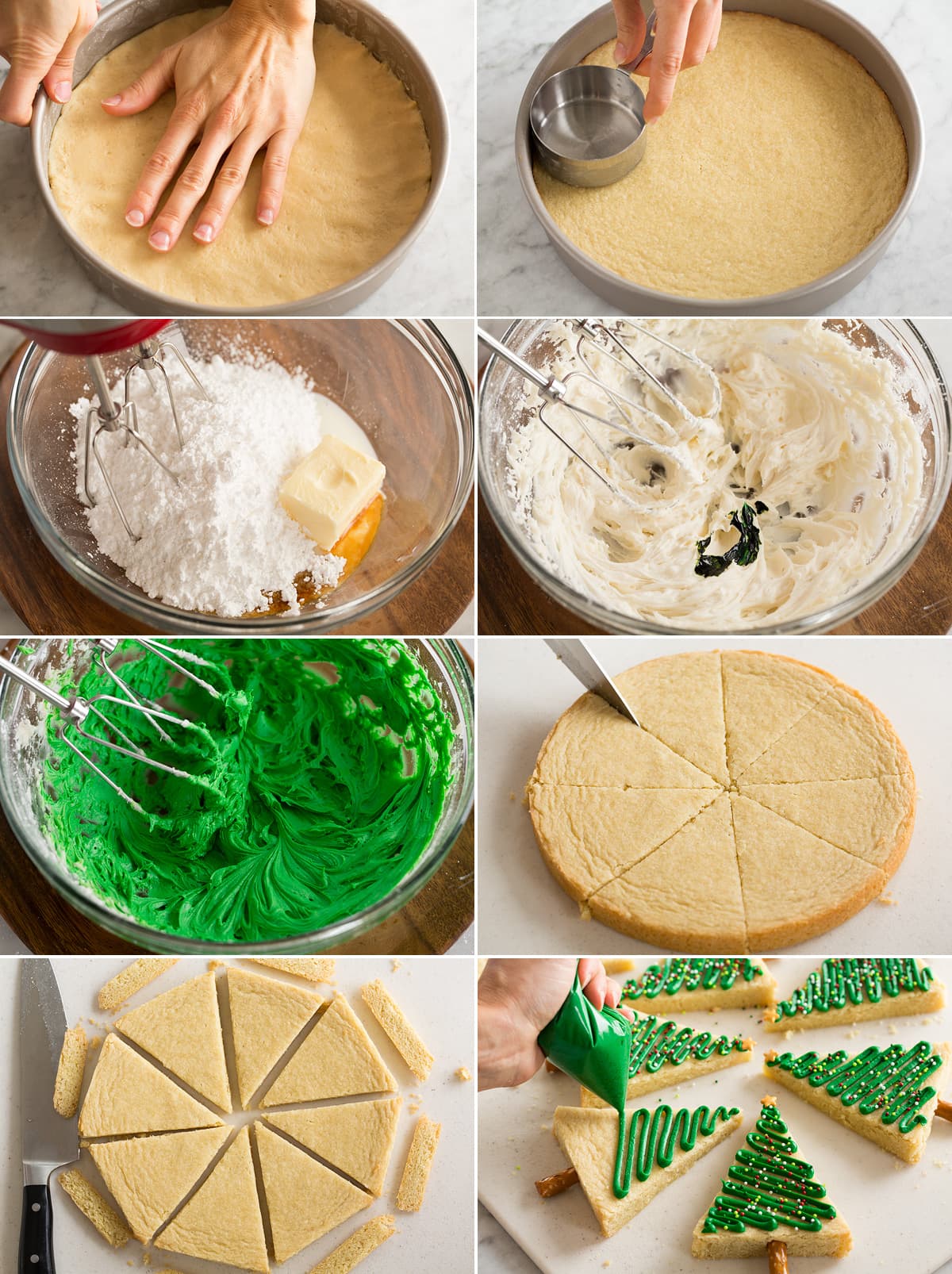 Christmas Tree Cookies Collage of eight images showing how to press dough into cake pan to bake. Then shows making frosting, slicing cookie into wedges and decorating.