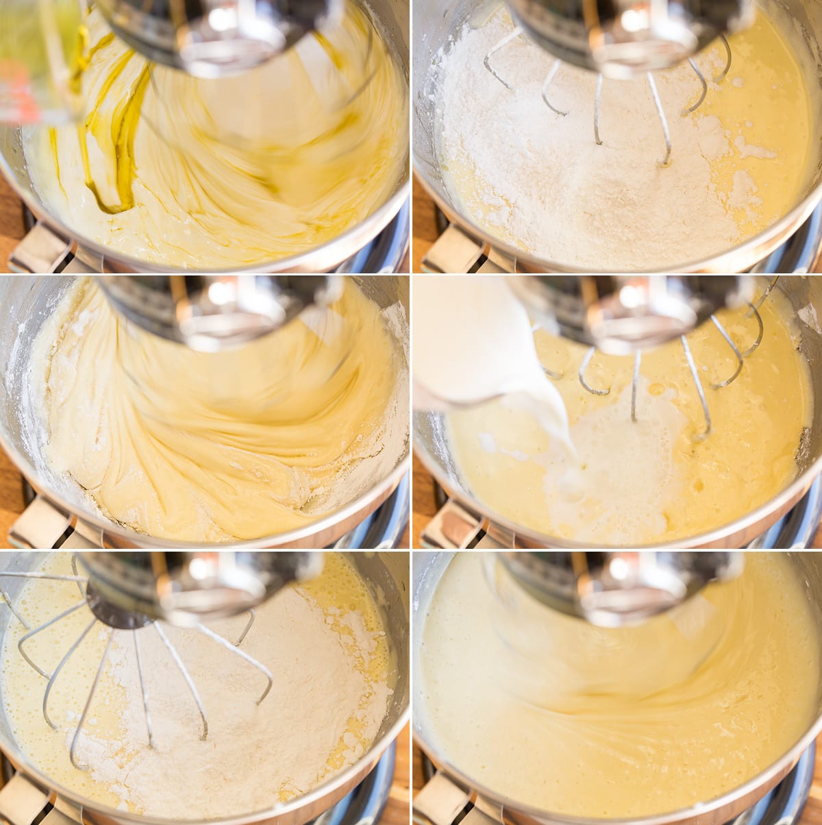 Collage of six images showing continued steps of making olive oil cake batter in mixer bowl.
