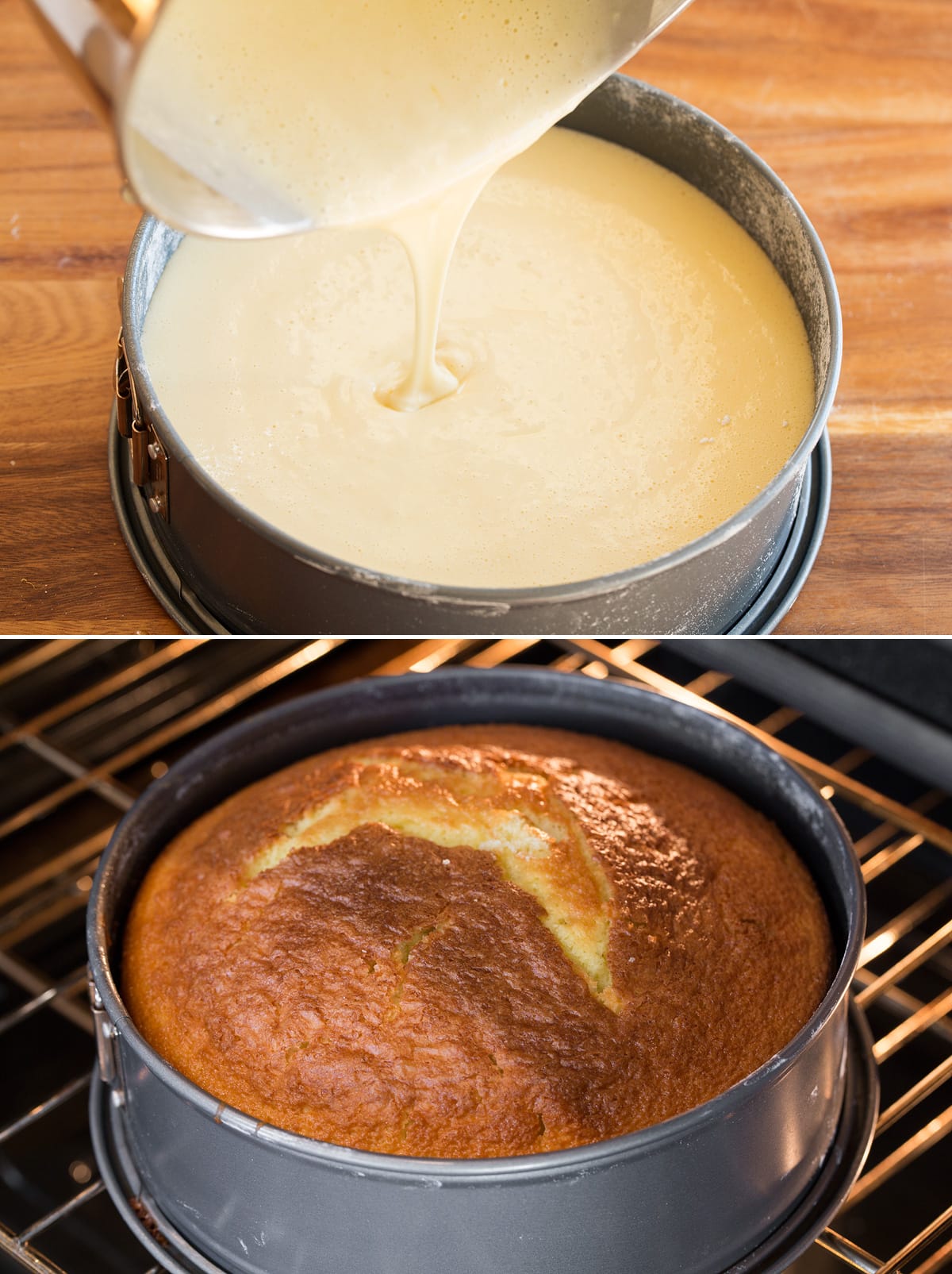Collage of two photos showing cake batter being poured into springform pan then second showing it baking in the oven.