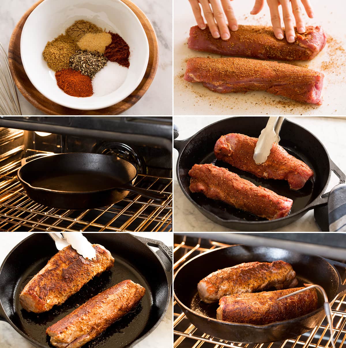 Pork Tenderloin Collage of six images showing how to prepare pork tenderloin with seasoning mixture and roasting in a cast iron pan in the oven.