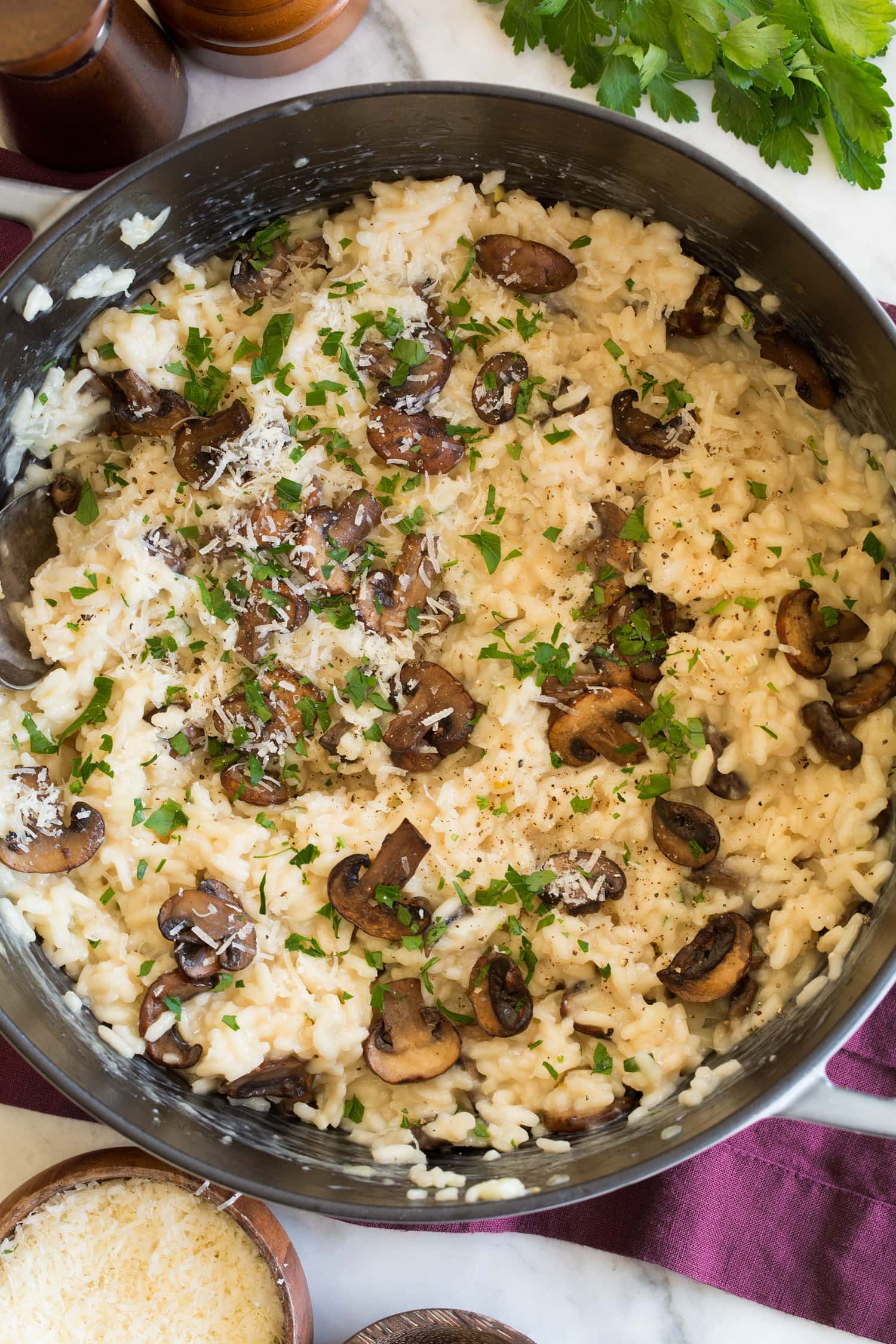 Risotto Risotto with white wine, mushrooms, parmesan and parsley.