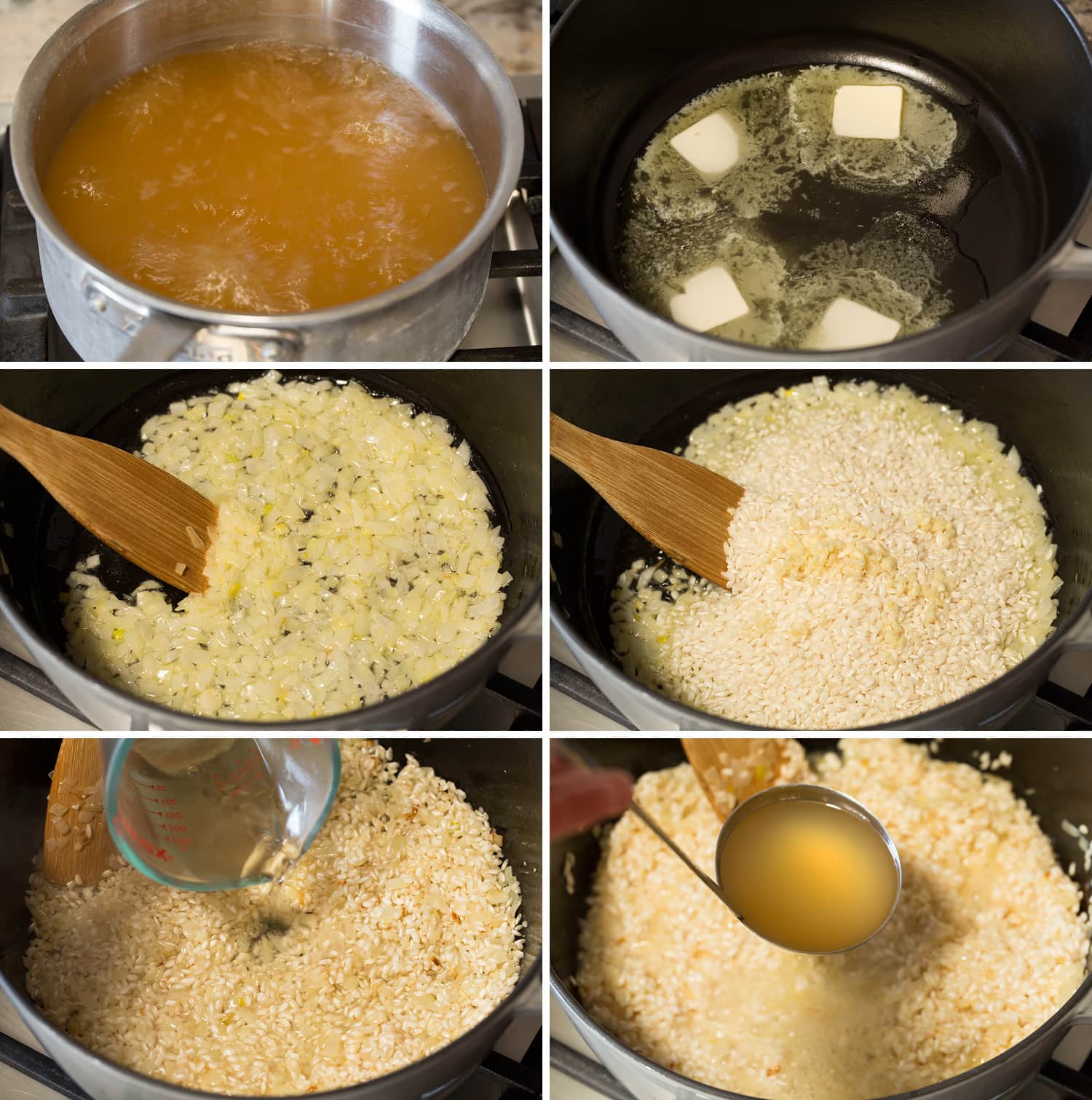 Risotto Steps of making risotto in a large pot.