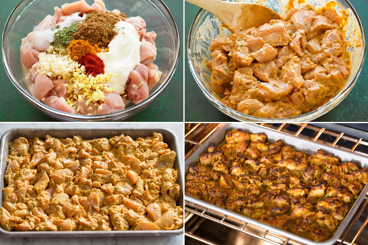 Collage of four photos showing steps to making butter chicken marinade and roasting in the oven on a baking tray.