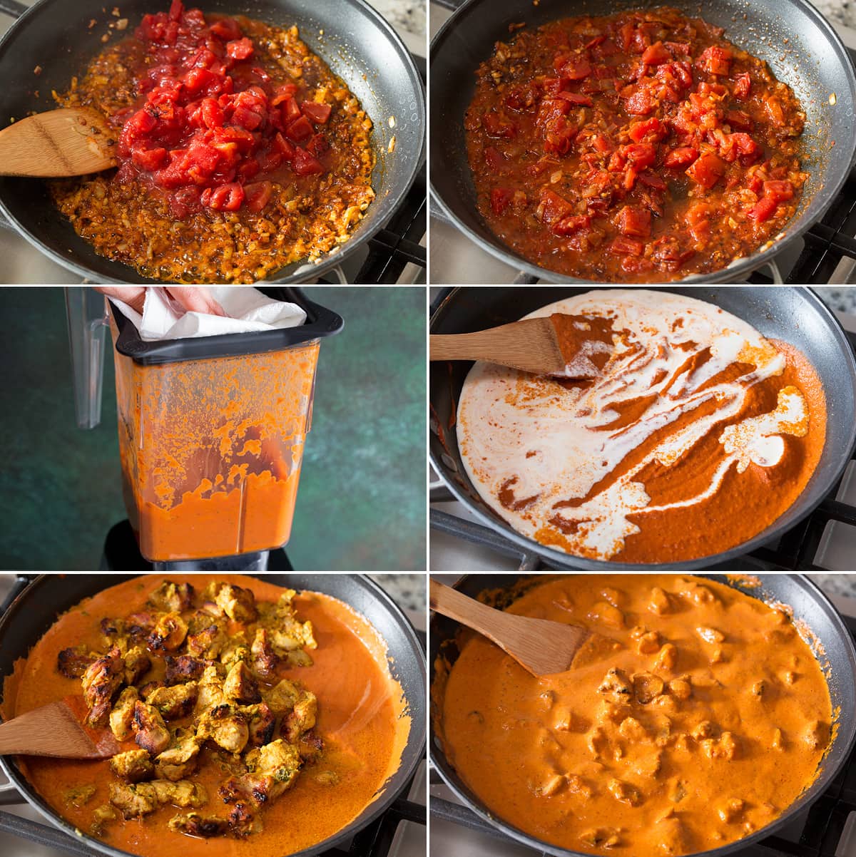 Collage of six photos showing steps to finishing butter chicken sauce and tossing in chicken.