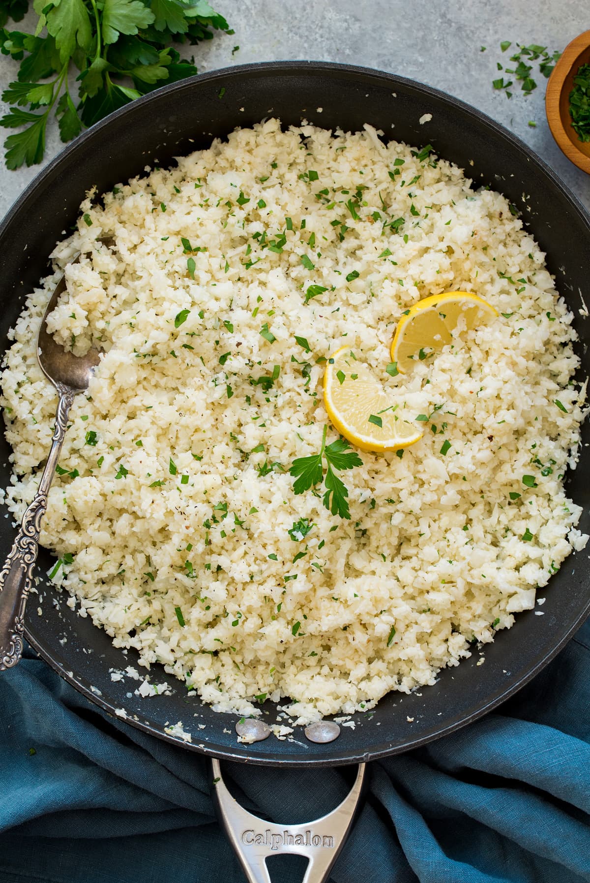 Cauliflower Rice Cauliflower rice shown overhead in a skillet.