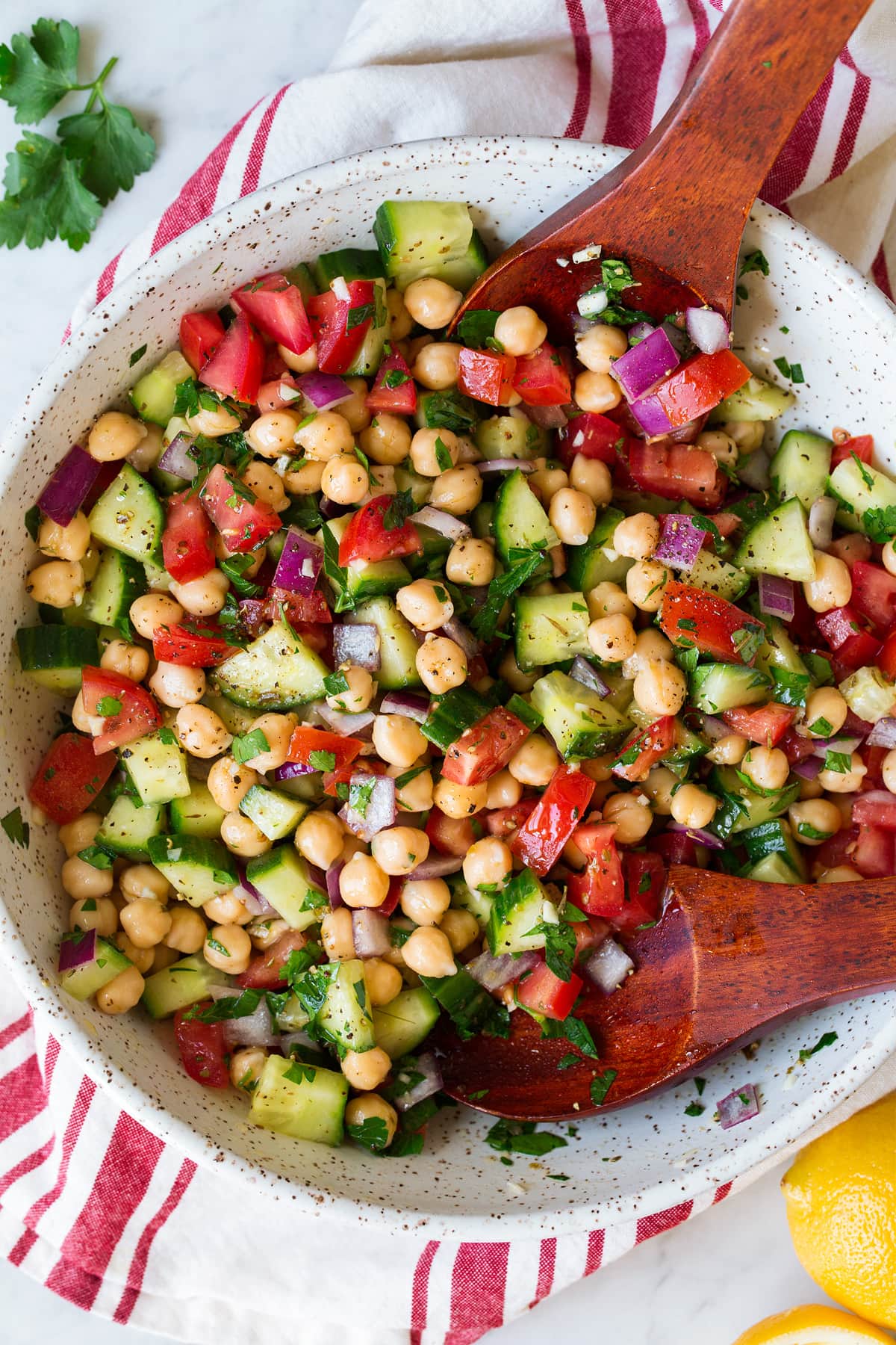 Overhead image of chickpea salad after tossing together.