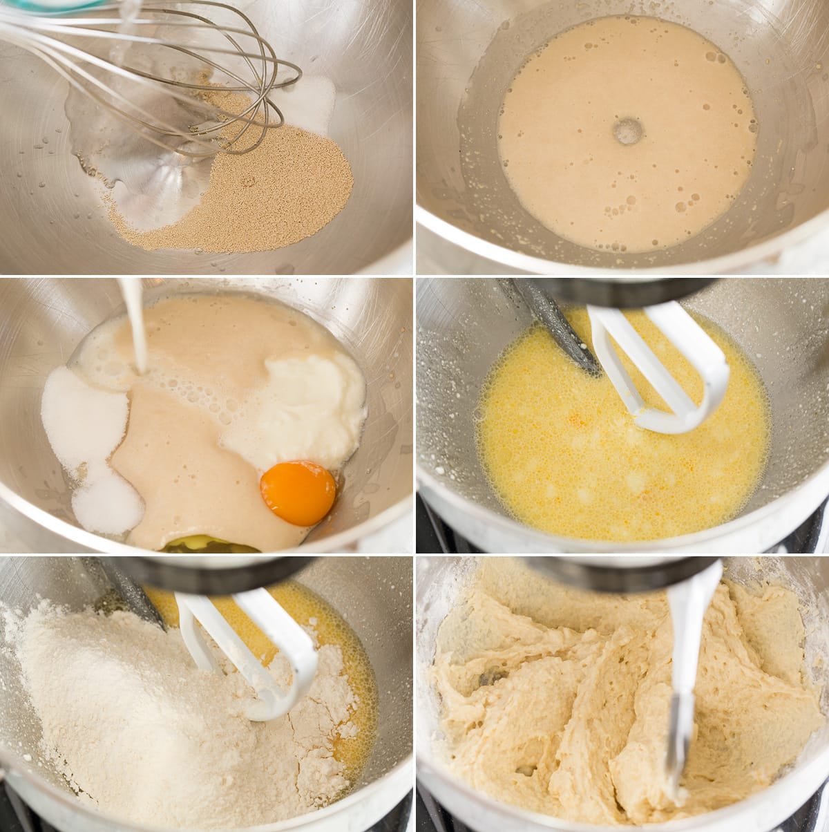 Steps 1 - 6 of making naan dough in mixer bowl.