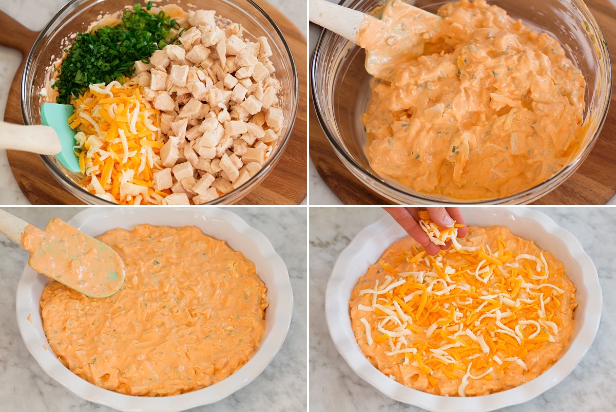 Buffalo Chicken Dip Collage of four photos showing last 4 steps of making buffalo chicken dip. Shows mixing in chicken, cheese and herbs, spreading into pie plate and topping with cheese.