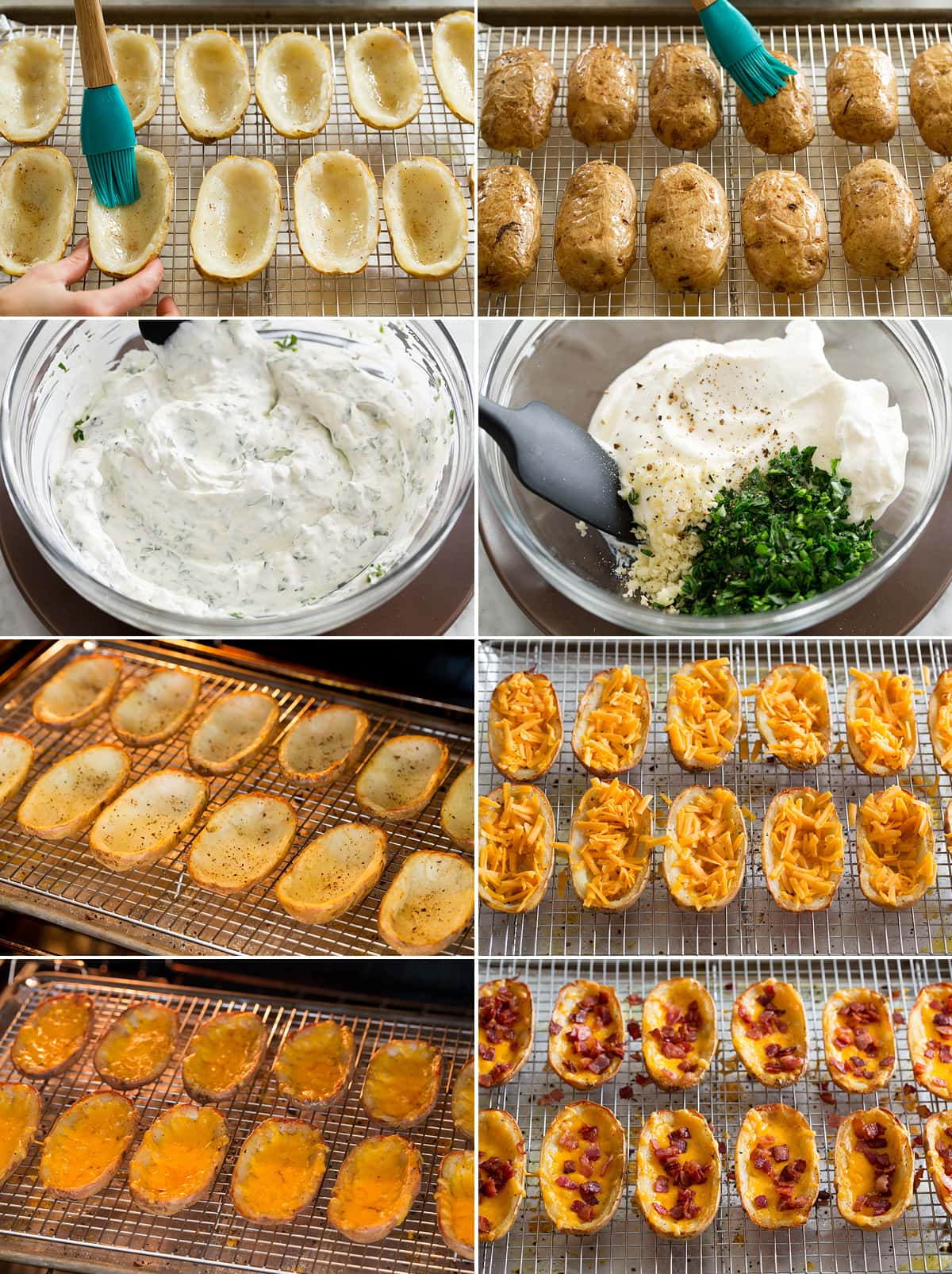 Potato Skins Collage of eight photos showing how to finish potato skins. Includes brushing both sides with rendered bacon fat. Mixing herbed sour cream ingredients. Baking the skins, filling with cheddar and bacon again. Then last finished with bacon.