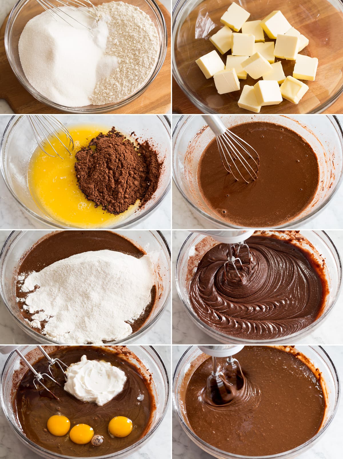 Collage of eight photos showing steps to make bundt cake batter.