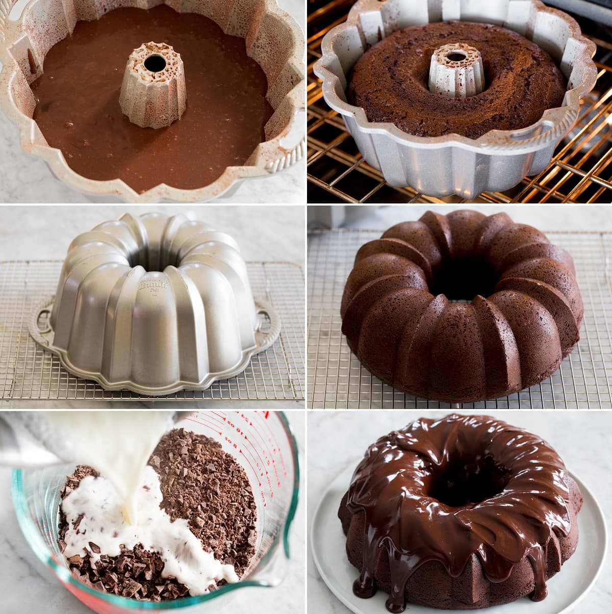 Collage of six photos showing how to bake chocolate bundt cake, invert, then make and top with ganache.