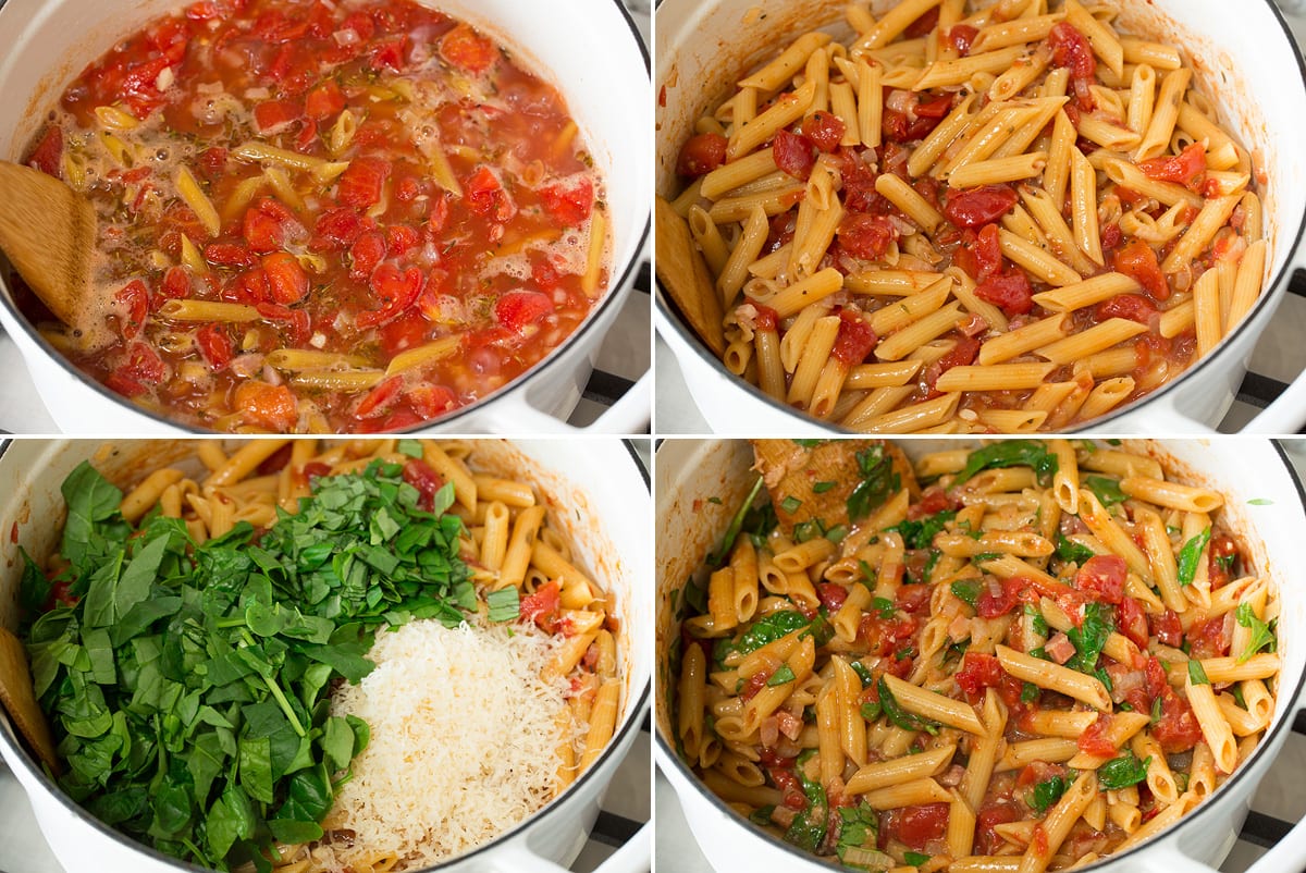 Photo showing collage of four images with remaining steps to preparing one pot pasta. Shows pasta simmering with liquids, then once cooked. Next includes adding spinach, basil and parmesan and last the finish pasta is shown.