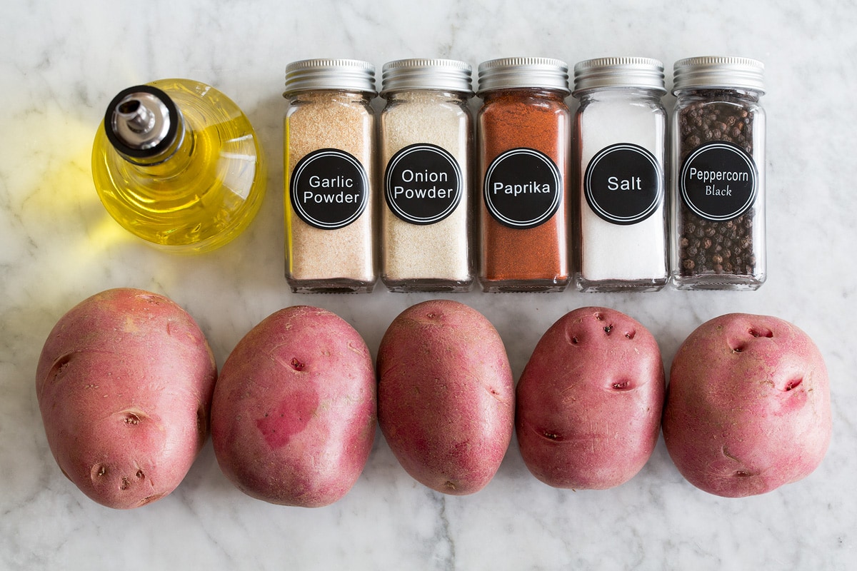 Breakfast Potatoes Photo: Red potatoes, olive oil and breakfast potatoes seasonings shown.