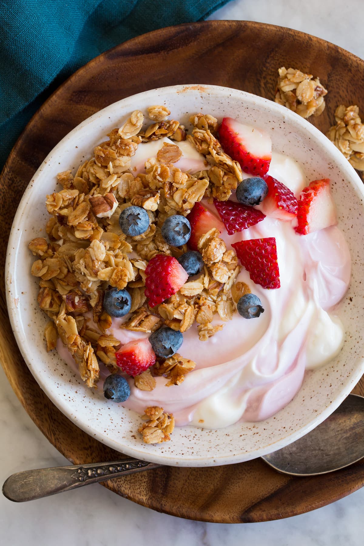 Easy Stovetop Granola Recipe Granola, yogurt and fruit bowl shown from above.
