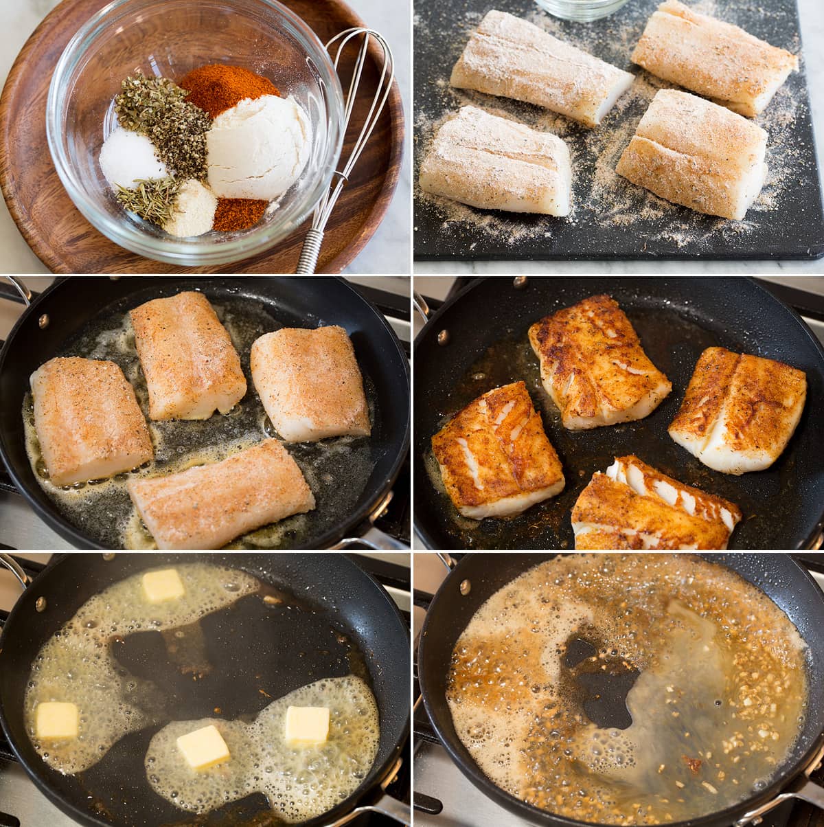 Collage of six photos showing how to make a cod recipe. Shows seasoning cod, searing in a skillet, and cooking a sauce in skillet after.