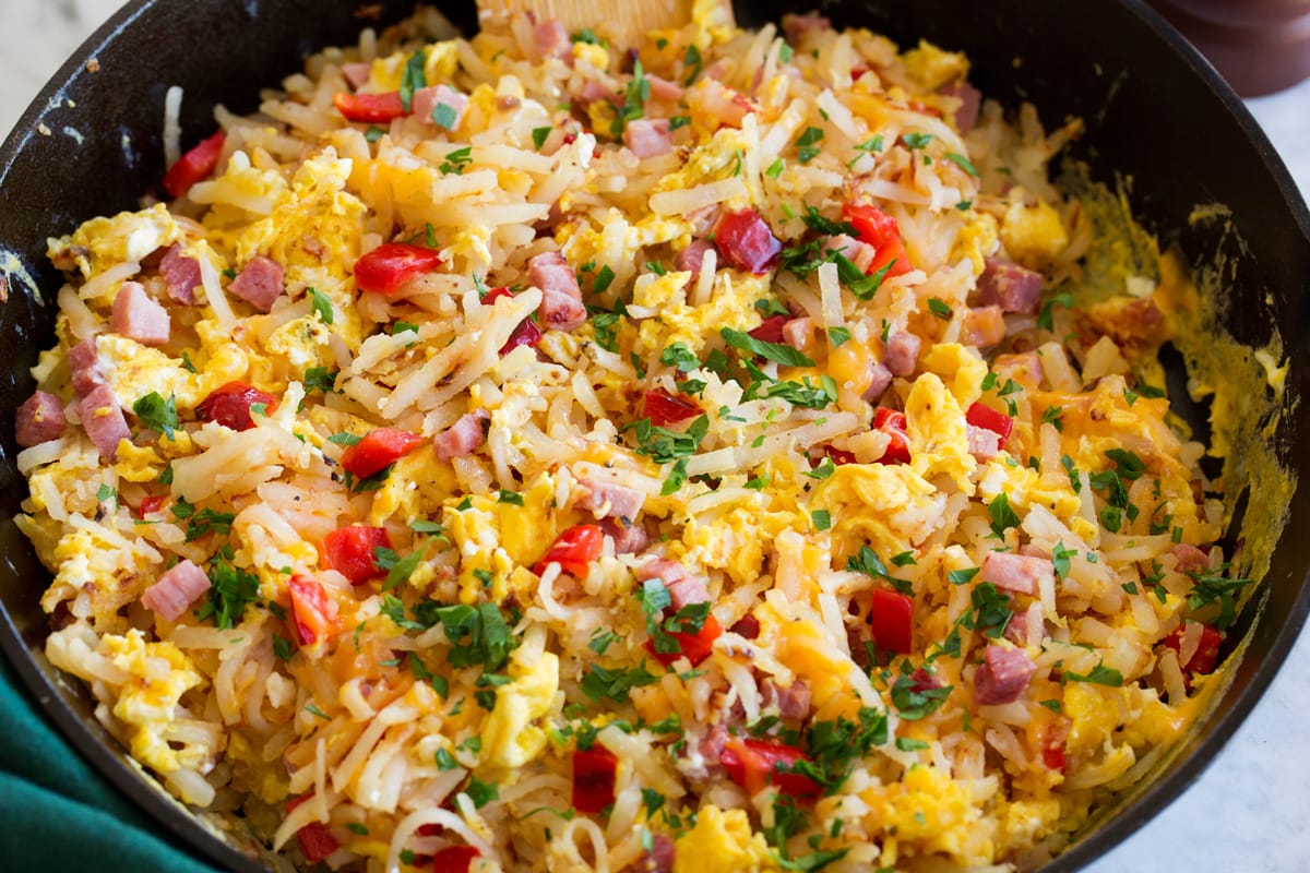 Photo: Completed breakfast hash in a skillet.