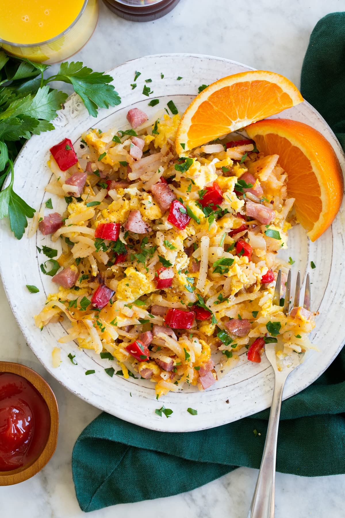 Photo: Breakfast hash shown on a serving plate from above.