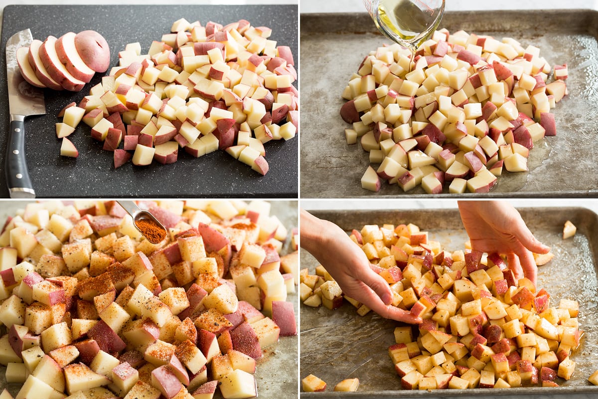 Breakfast Potatoes Photo: Shows four steps to preparing breakfast potatoes. Includes dicing, drizzling with oil, sprinkling with seasonings and tossing on sheet pan.
