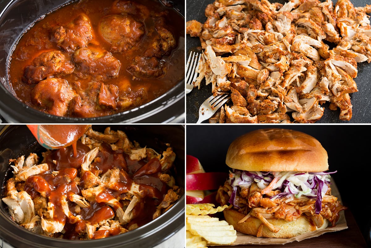 Crockpot BBQ Chicken Photo: Collage of four images showing slow cooker bbq chicken after cooking, then shredding, followed by finishing with more sauce. Then last shows a completed pulled chicken sandwich.