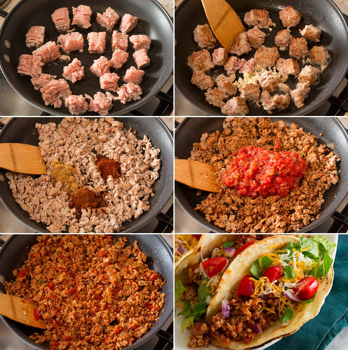 Collage of six photos showing steps to making turkey taco meat in skillet, then final image showing finished assembled taco.