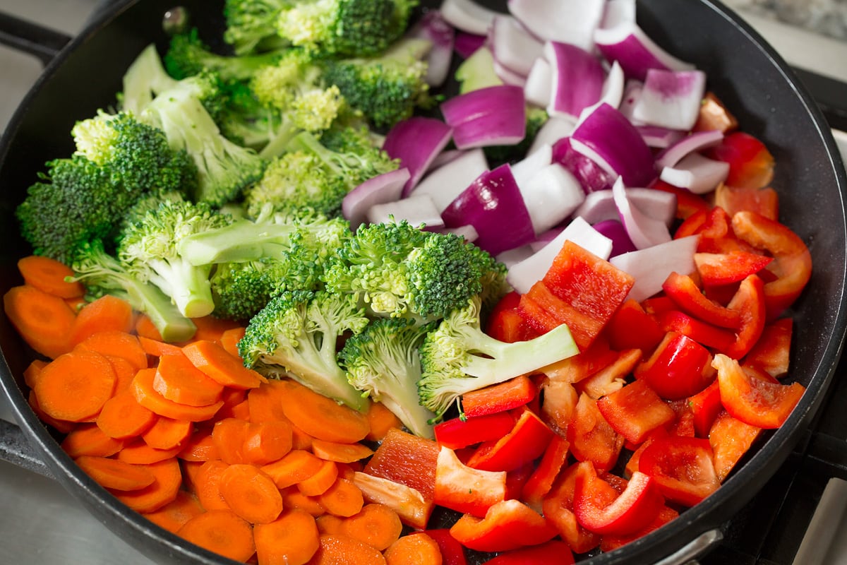 Photo: Showing how to saute crisp vegetables on the stove.