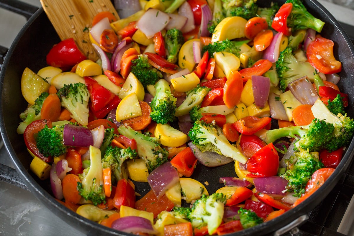 Photo: Finished sauteed vegetables shown on the stovetop.