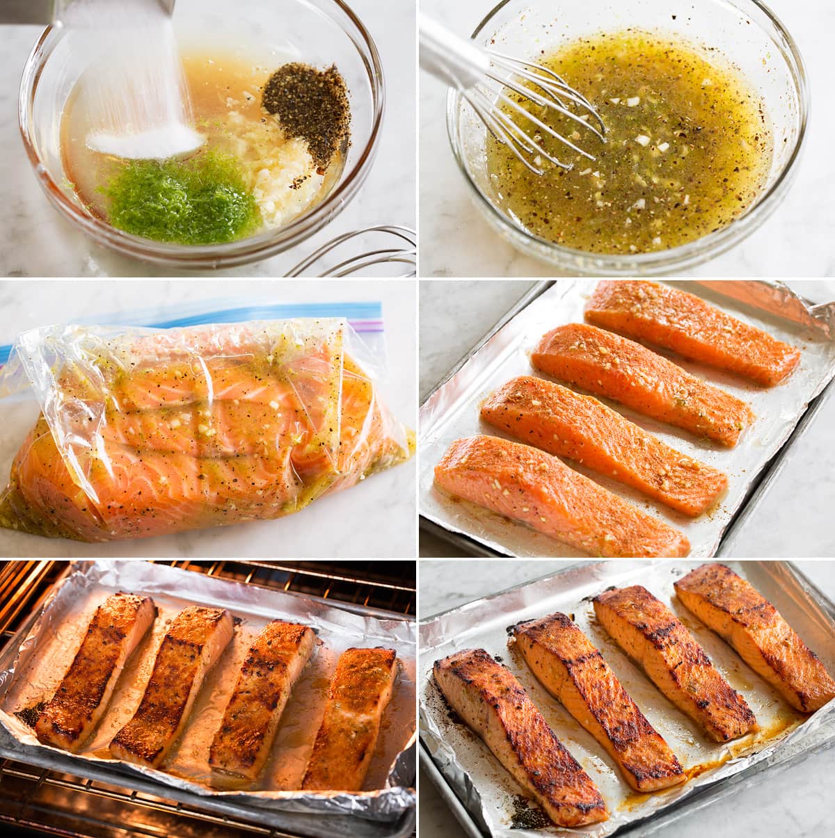 Broiled Salmon Collage of six photos showing steps of making salmon marinade, soaking salmon in marinade, and aligning on foiled lined baking sheet. Then it's shown under the broiler and completed.