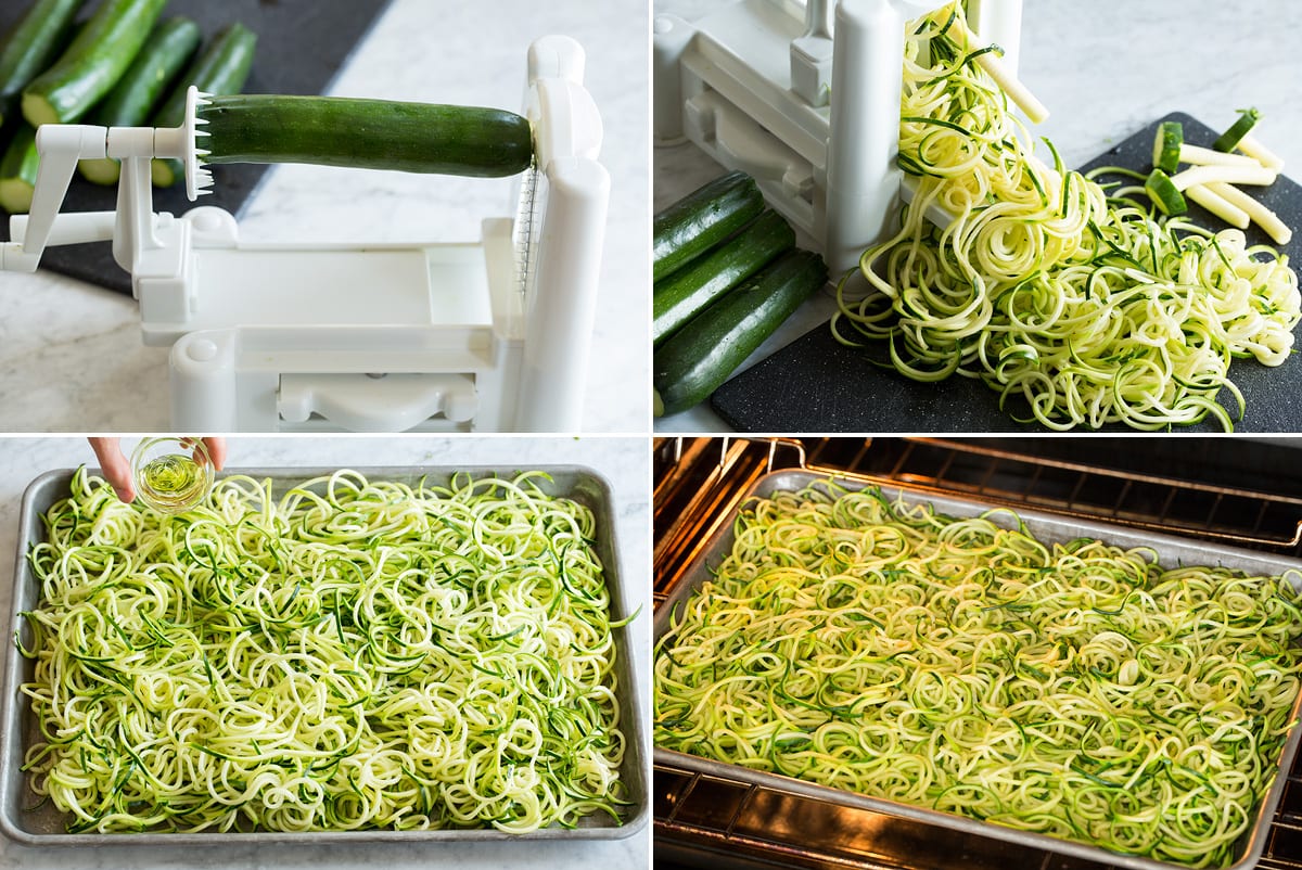 Zucchini Noodles Collage of four photos showing process of making zucchini noodles.
