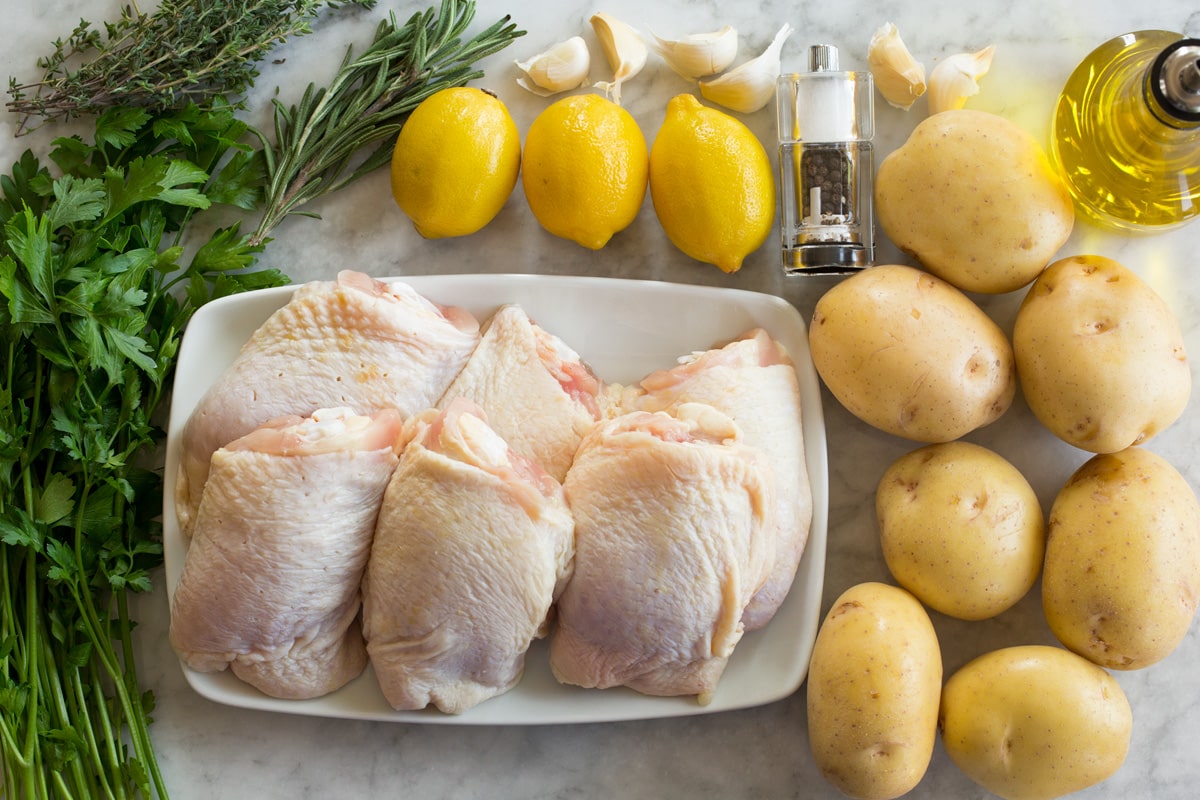 Baked Lemon Chicken and Potatoes Photo of ingredients used to make baked lemony chicken with potatoes.