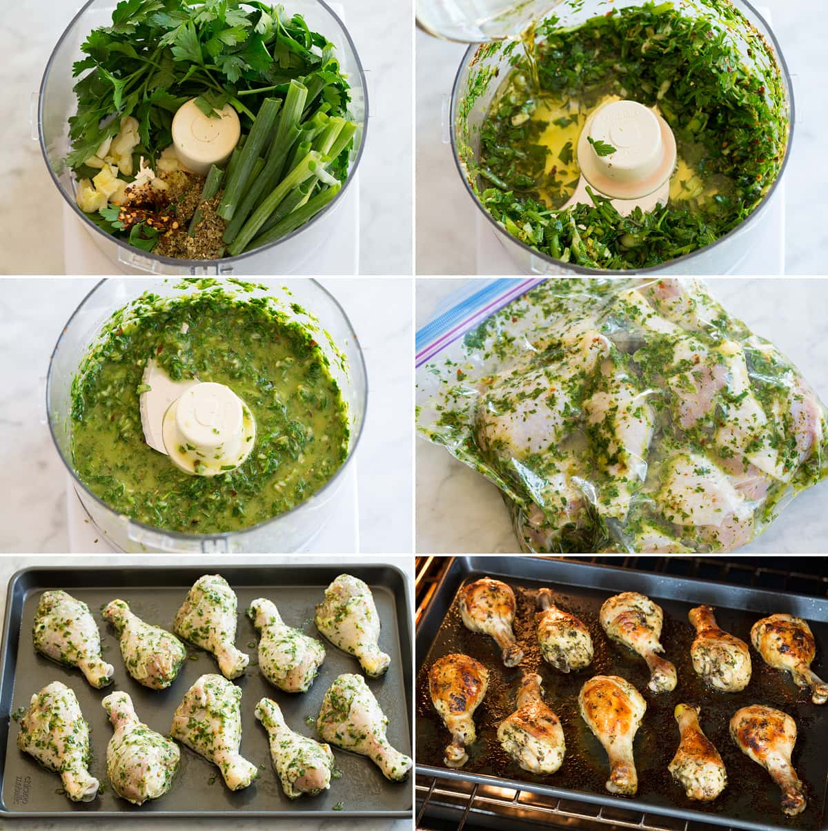 Baked Chicken Legs Collage of six images showing how to make a marinade in a food processor. Then shows covering chicken drumsticks in herb marinade mixture. And last shows drumsticks on baking sheet before and after baking.