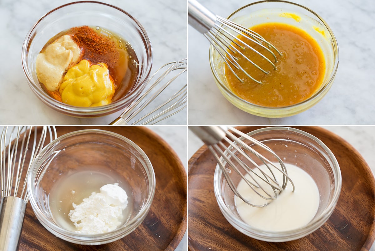 Creamy Honey Mustard Chicken Four photos showing steps of making sauces.