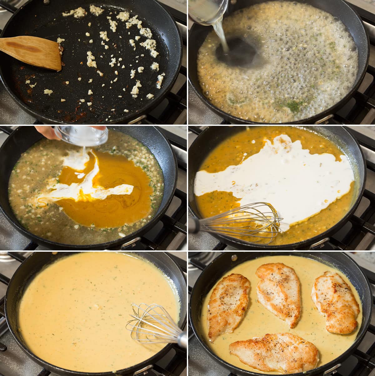 Creamy Honey Mustard Chicken Six photos showing steps of making honey mustard pan sauce and adding cooked chicken.
