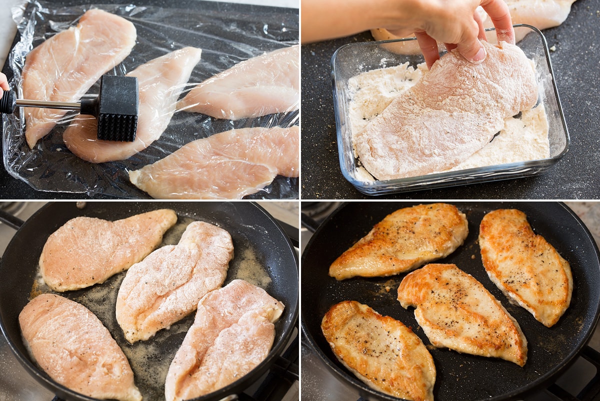 Creamy Honey Mustard Chicken Collage of four photos showing steps of thinning, dredging and cooking chicken breasts in a skillet.