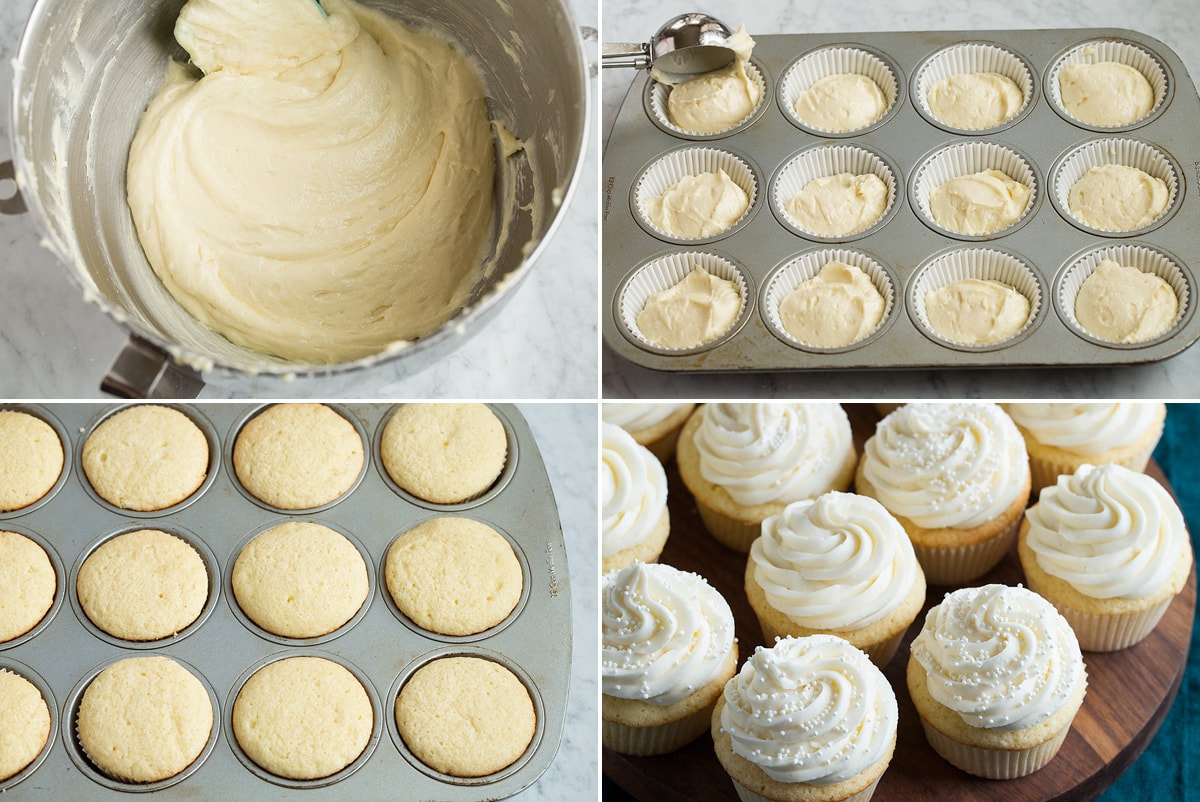 Collage of four images showing completed batter, pouring cupcakes into cupcake pan, baked cupcakes and frosted cupcakes.