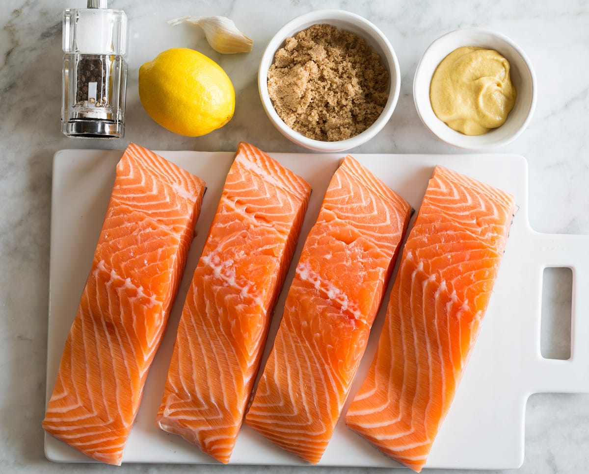 Brown Sugar Glazed Salmon Photo of salmon, dijon mustard, brown sugar, lemon, garlic, salt and pepper.