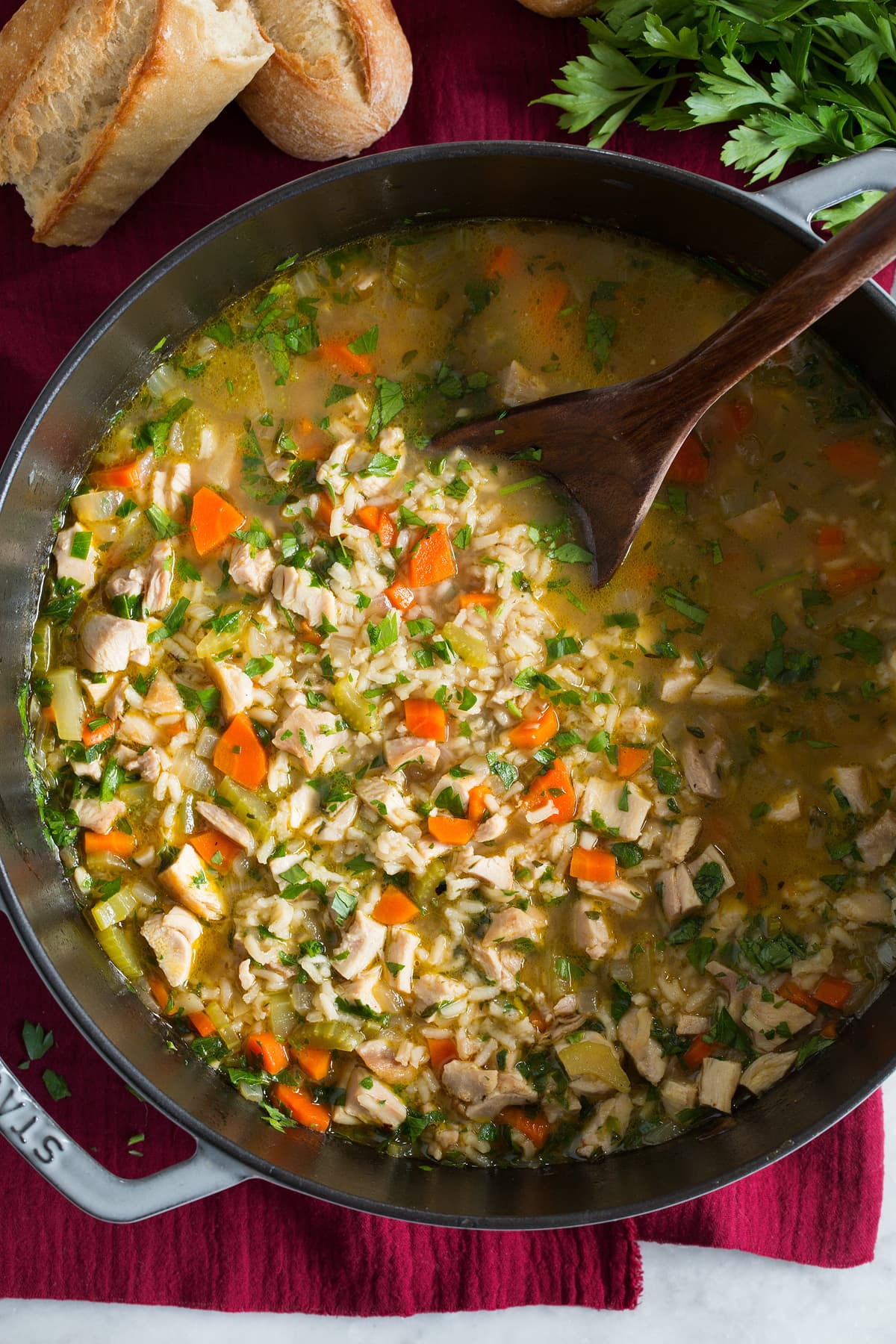 Close up photo of chicken rice soup.