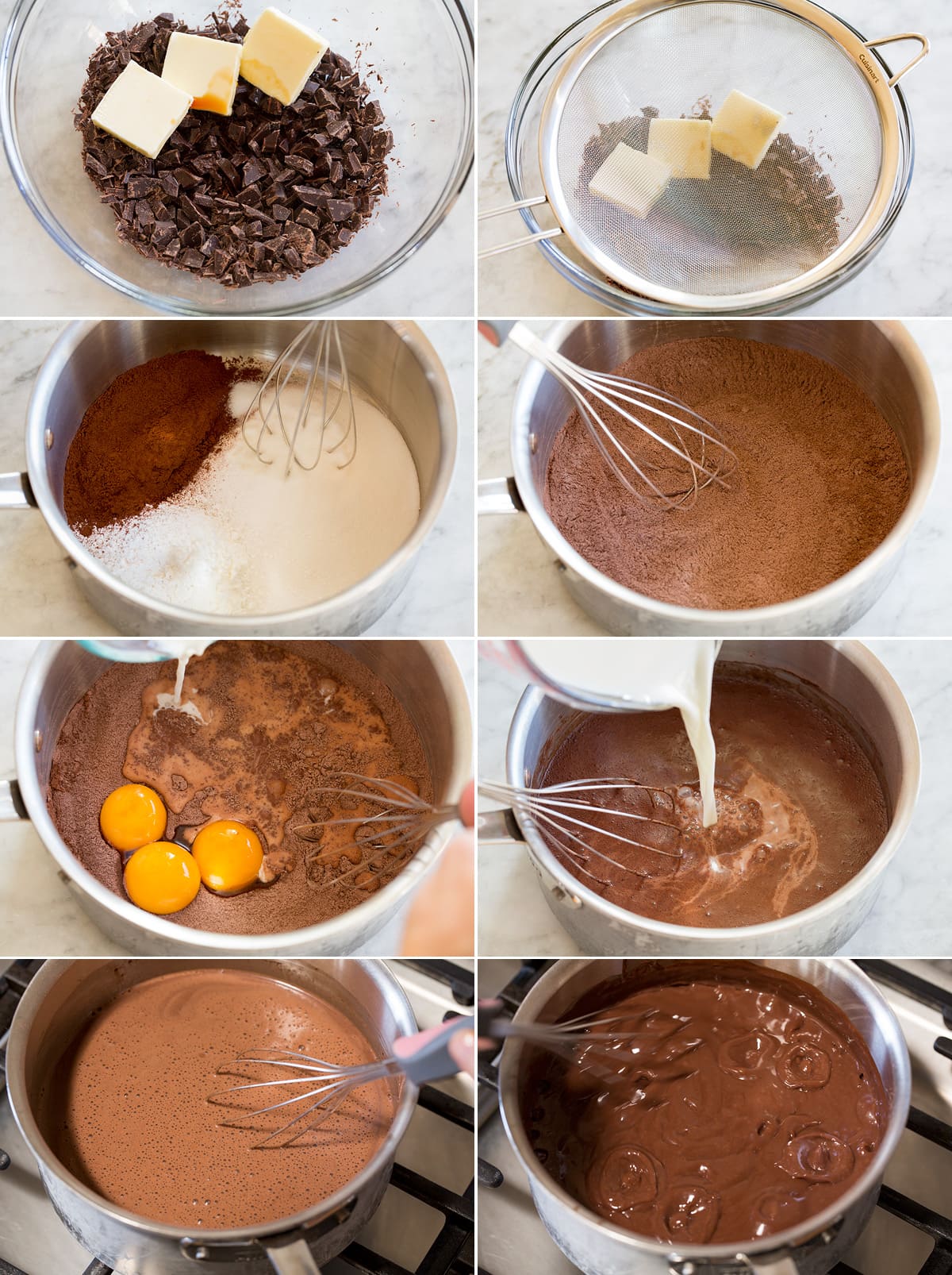 Chocolate Cream Pie Collage of eight photos showing how to prepare chocolate pudding filling for chocolate cream pie.