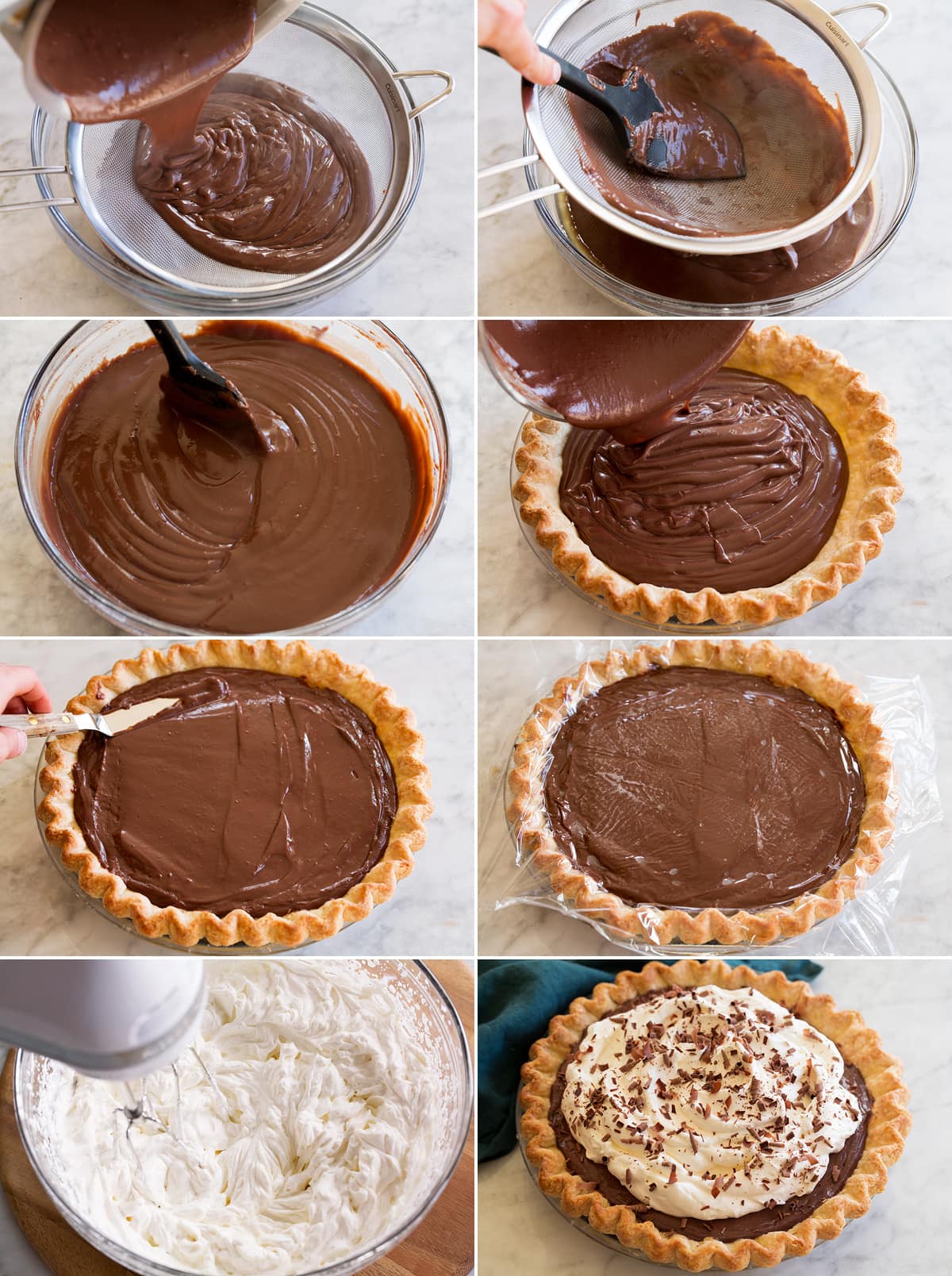 Chocolate Cream Pie Collage of eight photos showing how to stain pudding mixture for the pie, spread into a baked crust then finish with whipped cream once it's chilled and set.