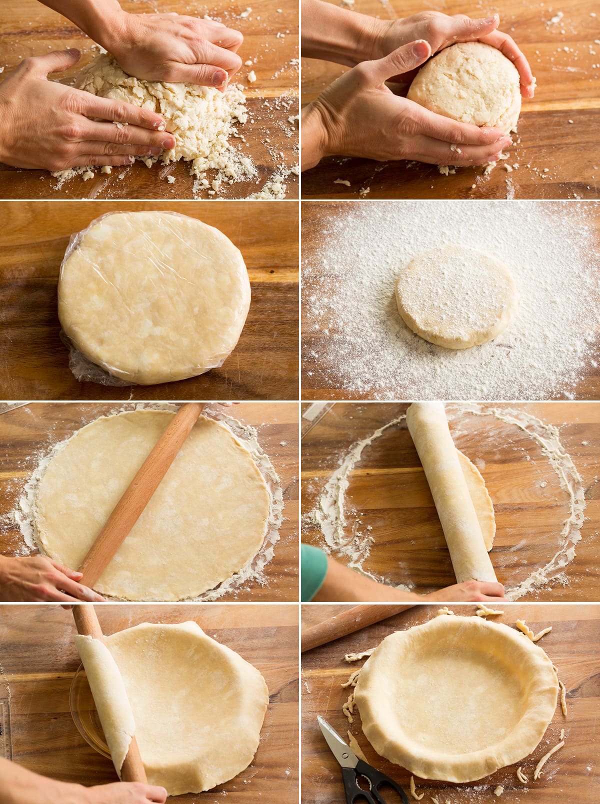 Pie Crust Collage of eight images showing how to form pie crust dough then roll and fit in pie pan.