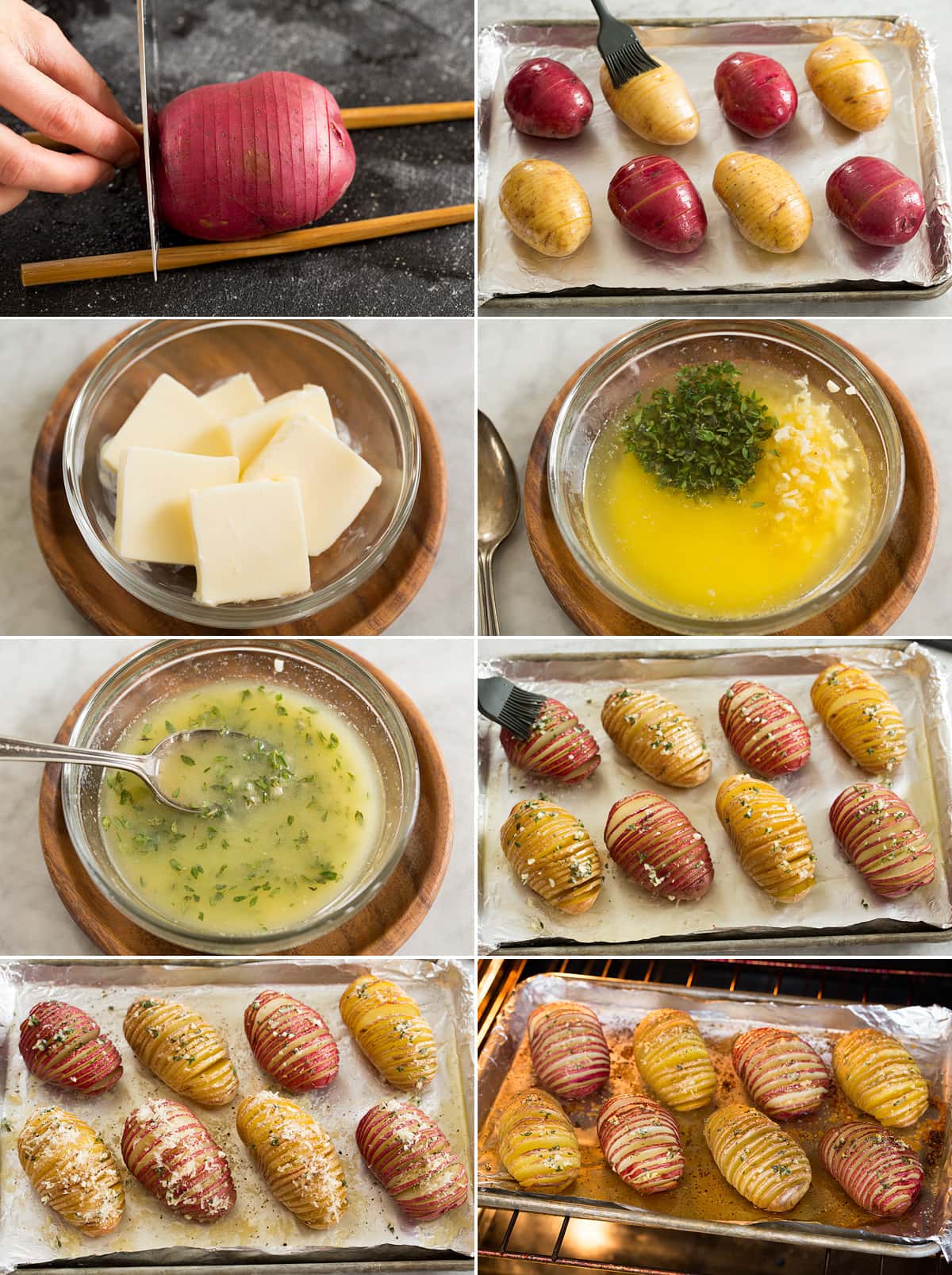 Hasselback Potatoes Collage of eight photos showing how to make and bake hasselback potatoes.