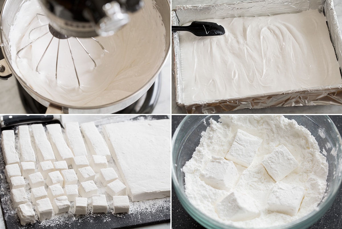 Homemade Marshmallows Collage of four photos showing how to spread and cut marshmallows. Also shows tossing in powdered sugar mixture to reduce stickiness.