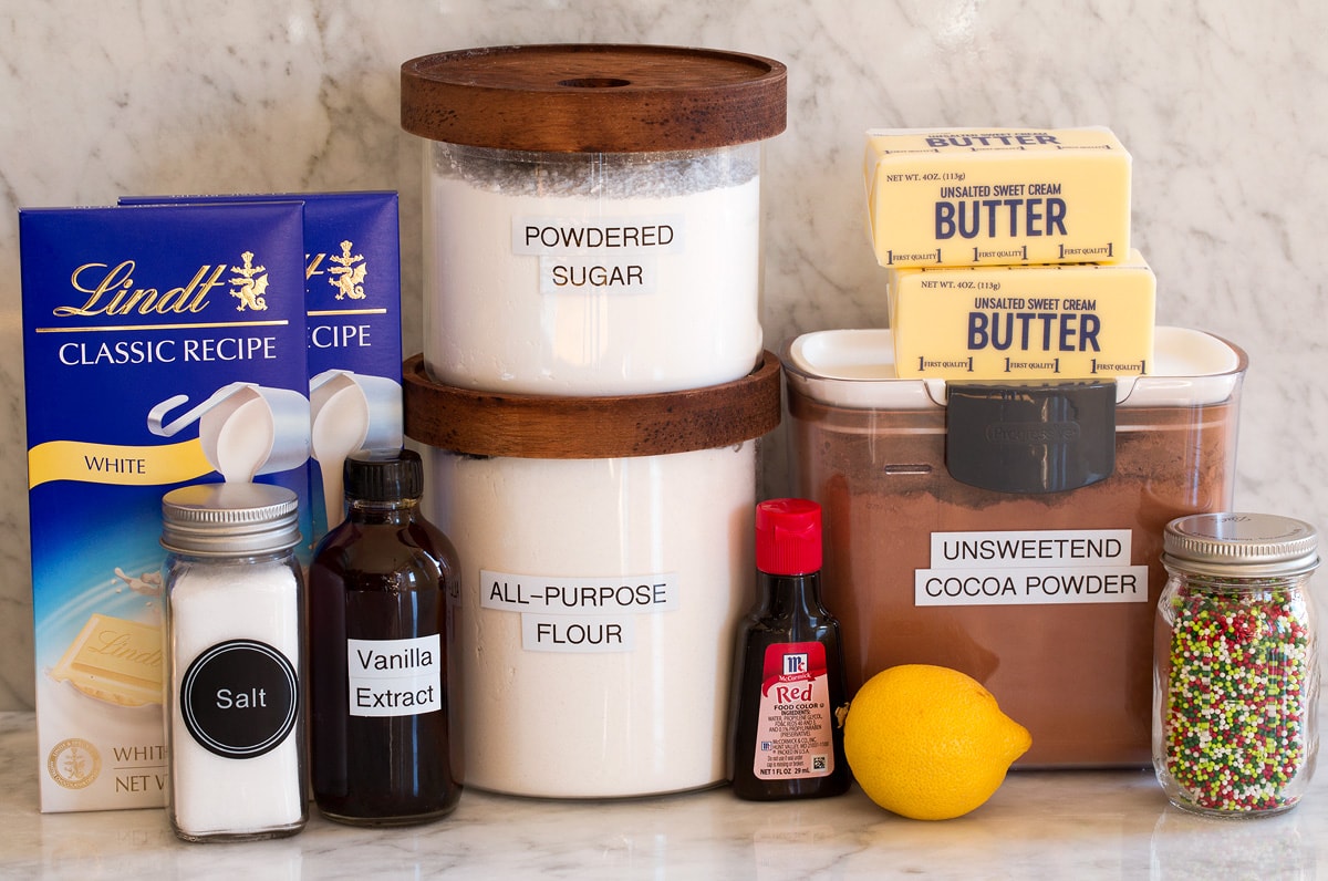 Photo of ingredients used to make red velvet shortbread cookies.