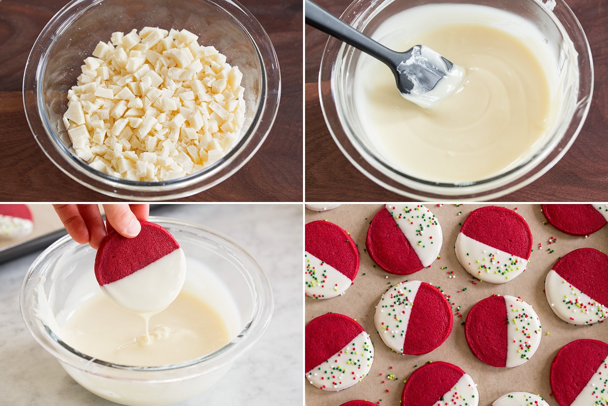 Collage of four images showing how to melt and dip cookies in white chocolate.