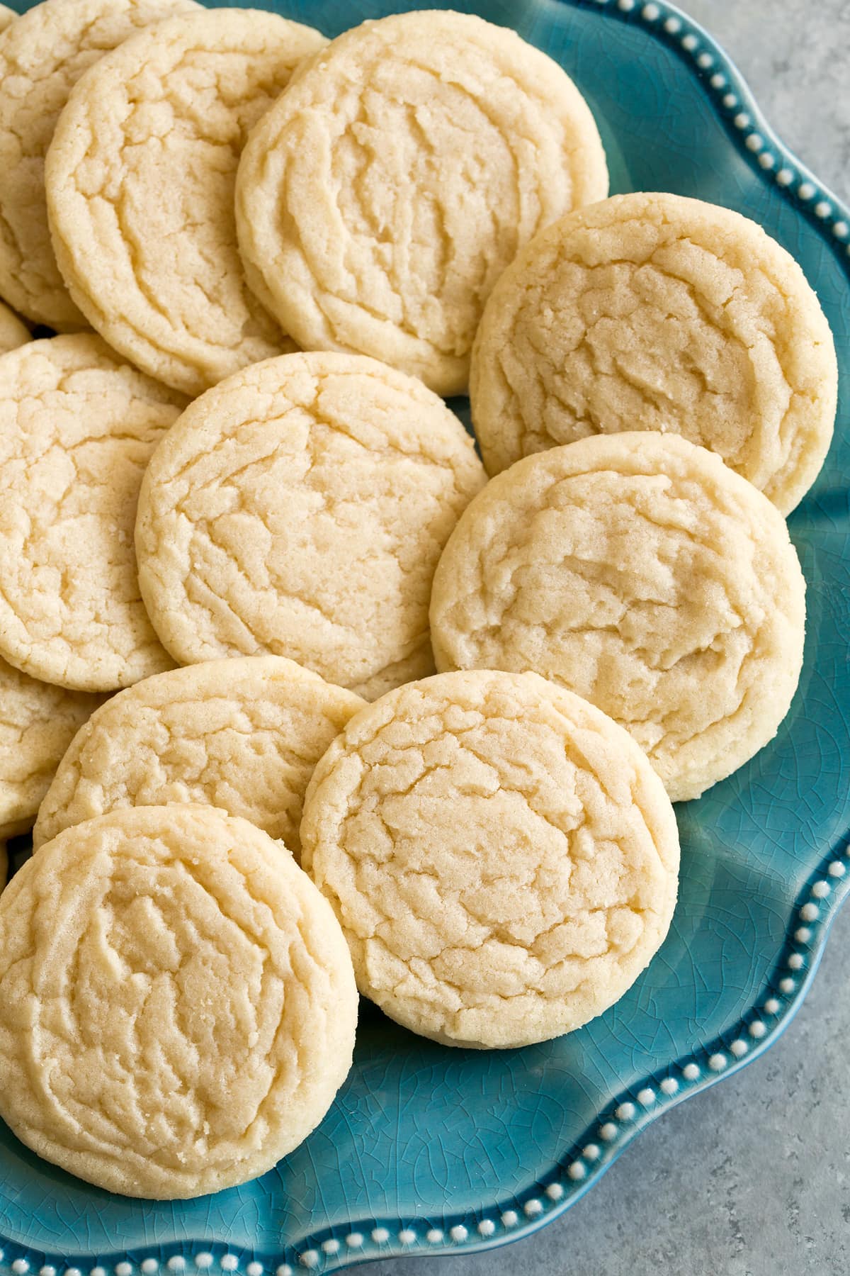Overhead close up photo of chewy sugar cookies.