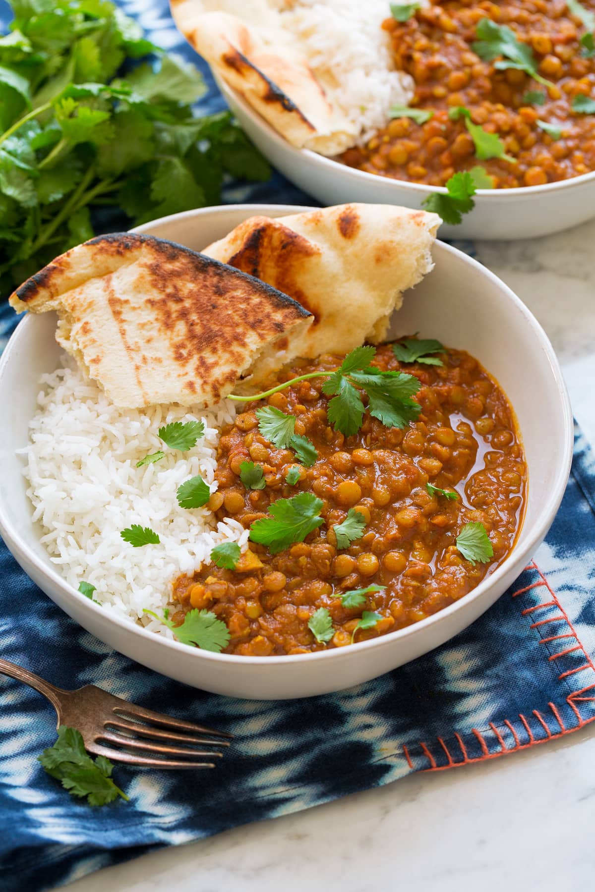 Bowl of lentil curry and rice.